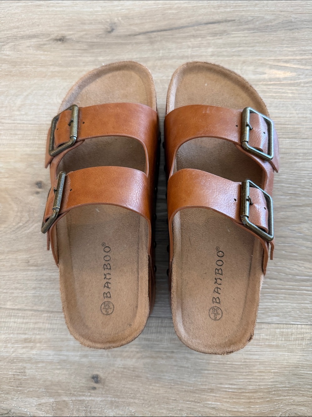 BAMBOO Cognac Double-Buckle Slide Sandals- never worn!
